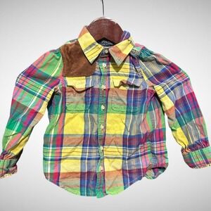 Polo Ralph Lauren Shirt Girls 4T Plaid Suede Patch Long Sleeve Button Western